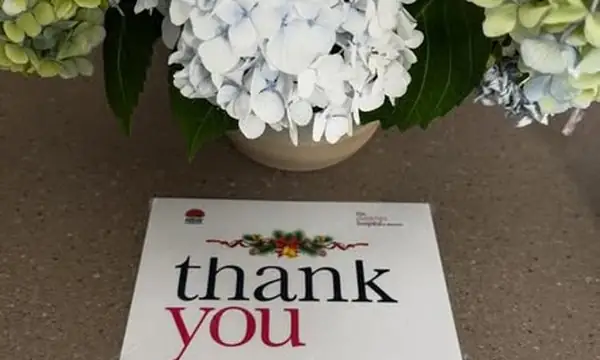 Thank You certificate from Children's Hospital at Westmead, beside hydrangeas, for the centre's Christmas donation drive.